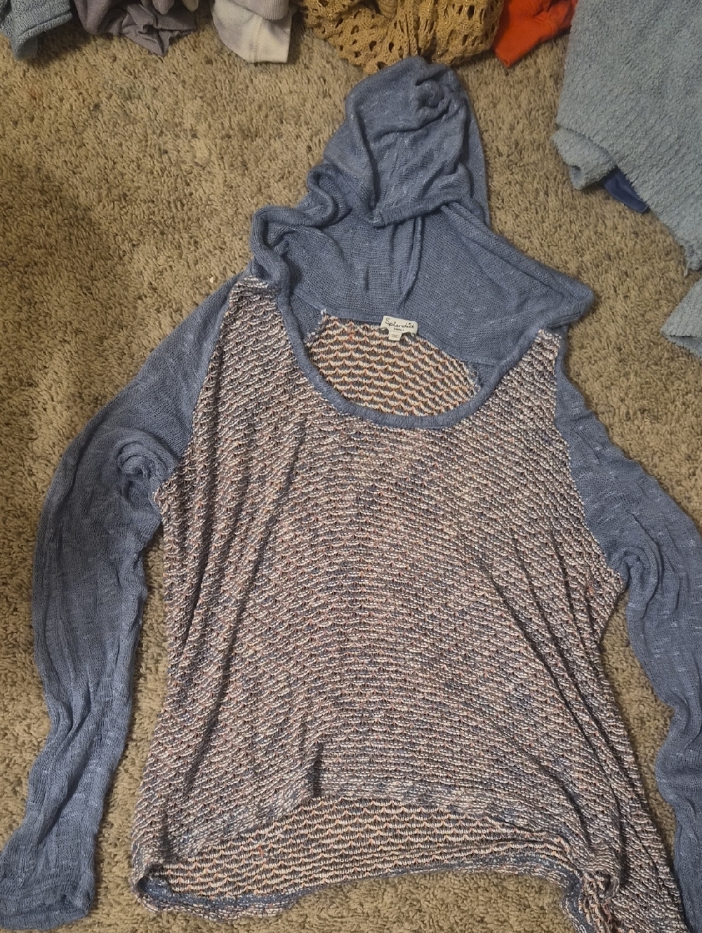 Splendid Blue Layered-Look Hooded Knit Top Size Small